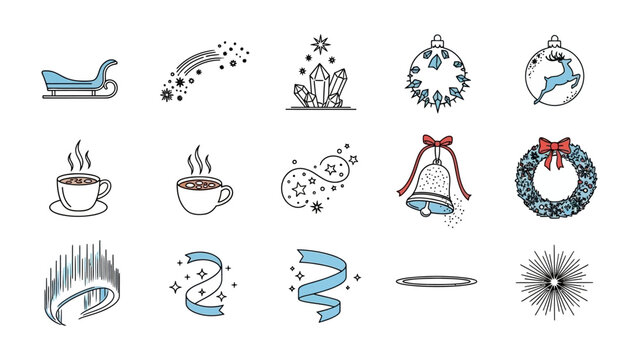Festive Season Elements: A collection of meticulously designed icons evokes the joy and enchantment of the season, from a whimsical sleigh to shimmering stars and a steaming cup of joy.