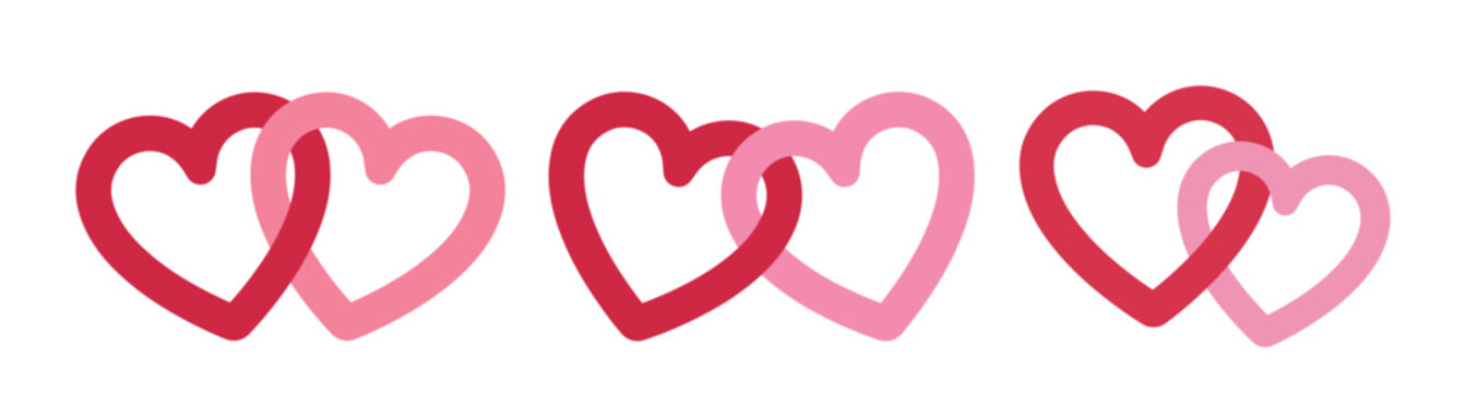 Cute two linked hearts set. 
Locked linked love heart shape flat vector illustration.
Two hearts together clipart.
For celebrating Valentine's Day or wedding.
White background.