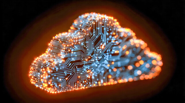 Abstract glowing cloud-shaped digital circuit with illuminated blue and orange nodes symbolizing modern technology and cloud computing concepts in a dark background