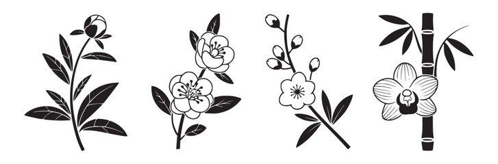 Black and white floral illustrations of peony blossoms cherry blossoms and bamboo with orchid