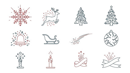 Festive Symbols: A collection of meticulously crafted festive symbols including snowflake, reindeer, Christmas tree, bell, sleigh, feather, bauble, candle, and ribbon.
