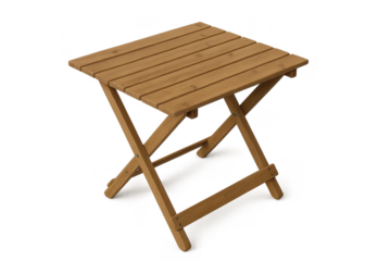 Wooden folding table with slatted top, isolated on transparent background.