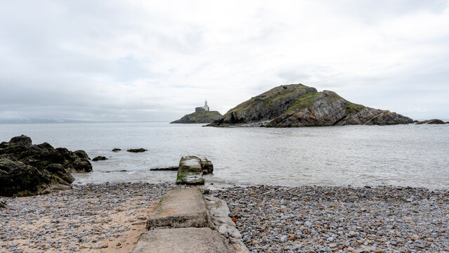Mumbles Lighthouse view from Bracelet Bay beach