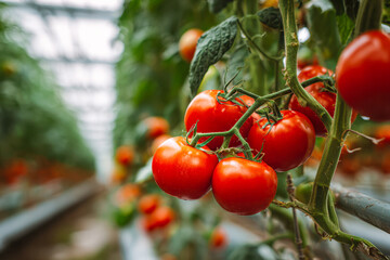 Fresh ripe tomatoes growing in a high-tech greenhouse with rows of vibrant red fruit hanging from lush green vines ready for harvest
