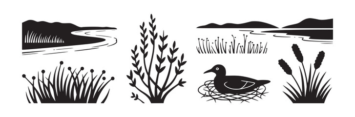 Black and white vector illustration of a duck in a nest surrounded by wetland plants and landscape