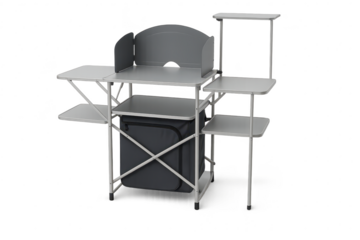 Portable outdoor camping kitchen table with shelves, isolated on transparent background