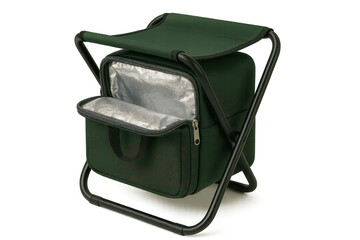 Dark green folding chair with built-in cooler bag, isolated on transparent background.