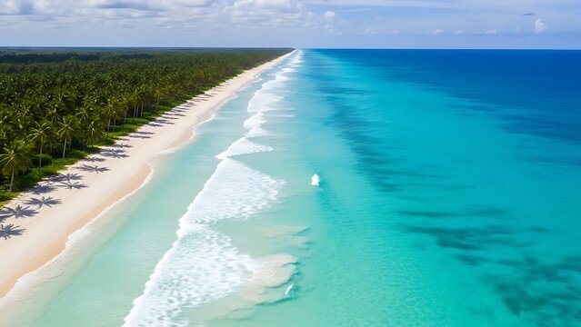 Expansive white sand beach with lush green palm trees and crystal clear turquoise ocean tropical