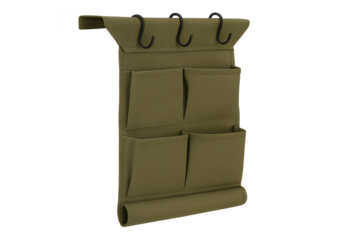 Green hanging storage organizer with pockets and hooks, isolated on transparent background.