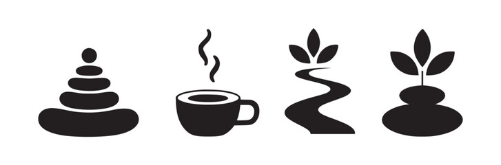 Four black and white icons depicting stacked stones, a coffee cup, and two plant illustrations