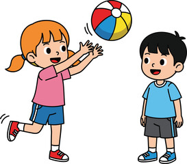 Happy cartoon children playing catch with a colorful beach ball, illustrating teamwork, outdoor play, physical activity, childhood joy, and summer recreation games.