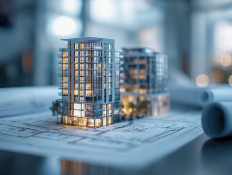 Detailed architectural model of modern residential high-rise buildings with illuminated windows positioned on technical blueprints surrounded by rolled construction