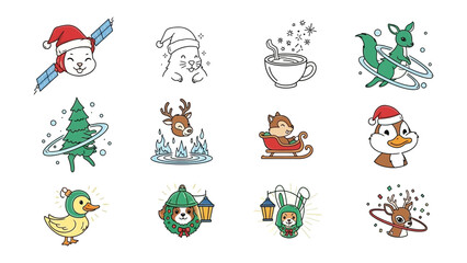 Christmas-themed Character Set: A charming set of delightful animal characters joyfully celebrate the holiday season, each in their unique holiday attire and activities. 