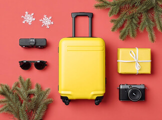 Bright yellow suitcase and holiday items arranged on red background, showcasing travel essentials for festive season adventures