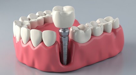 Realistic 3D model of a dental implant in the dentition. The concept of treatment, replacement of a lost tooth and restoration of a smile in modern dentistry