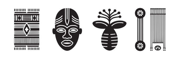 Various tribal inspired black and white graphic designs in a row on a white background