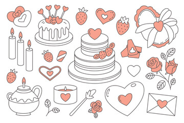A collection of Valentine's Day themed illustrations including cakes, candles, and hearts.