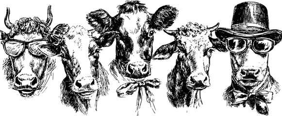 Vintage cow illustration set in black outline. Hand-drawn vector artwork featuring humorous traits and a retro engraving style.