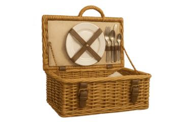 Open wicker picnic basket with plate and cutlery, isolated on transparent background