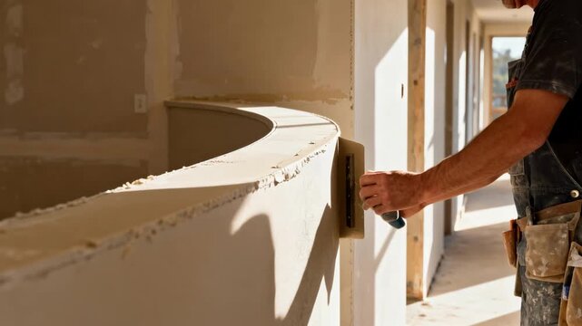 Medium shot of a craftsman skillfully shaping a curved drywall section highlighting precise tools and steady hands in a bright hallway setting.