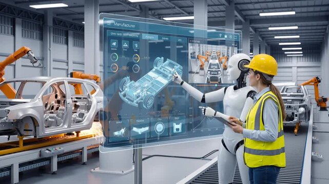 Advanced vehicle manufacturing with AI and human collaboration. A female engineer and a robot analyze a car schematic on a see-through screen.
