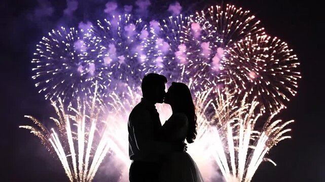 Couple embracing under explosive night sky display celebration