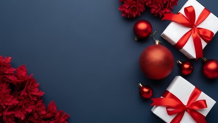 Festive christmas decorations with red ornaments and gifts on dark background