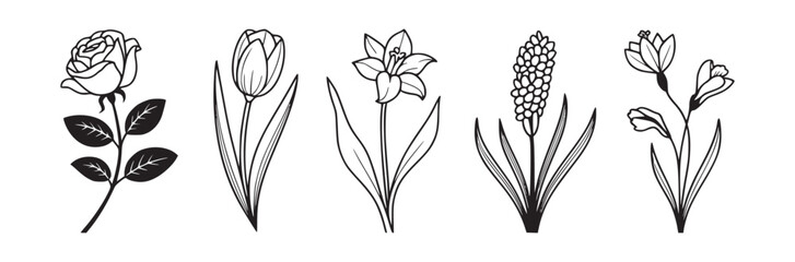 Collection of five different flower illustrations in black and white line art on a white background