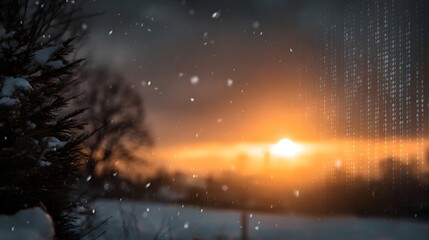 A winter sunset with falling snow is overlaid with a digital matrix pattern