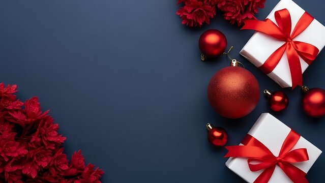 Festive christmas decorations with red ornaments and gifts on dark background - Powered by Adobe