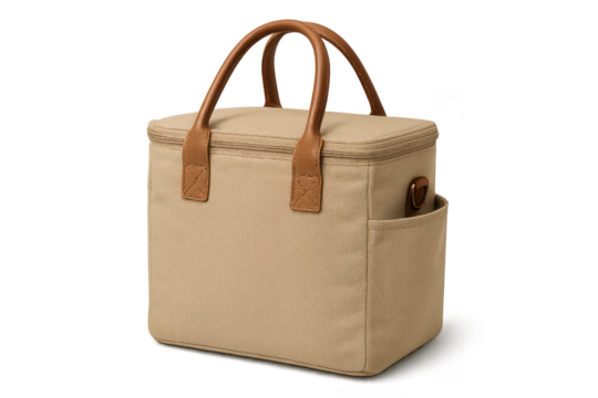 Beige insulated cooler bag with brown handles, isolated on a transparent background