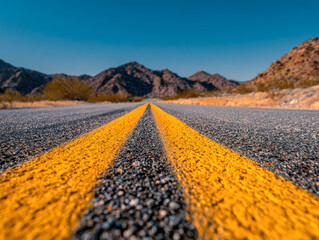 Vibrant yellow road markings on an asphalt highway stretching toward rugged desert mountains under a clear blue sky on a sunny day
