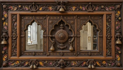  &ldquo;An antique Rajasthani cultural decoration piece featuring hand-carved teakwood, vibrant traditional mirror work, intricate Bandhani patterns, brass bells, desert-inspired motifs, warm earthy colors,