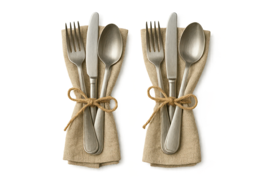 Two rustic cutlery sets wrapped in linen, isolated on transparent background