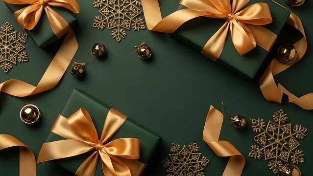 Elegant christmas gifts with golden ribbons and snowflakes on green background