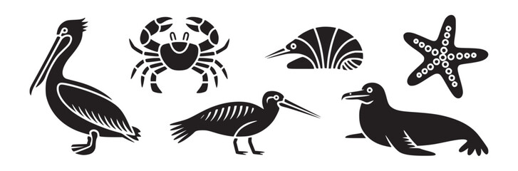 Black silhouettes of pelican crab kiwi bird seal and starfish on a white background vector illustration