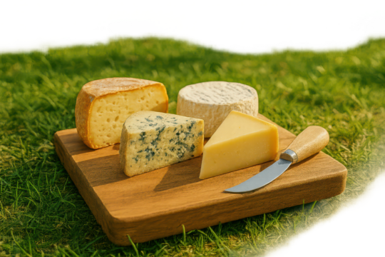Gourmet cheese selection on wooden board with knife, isolated on transparent.