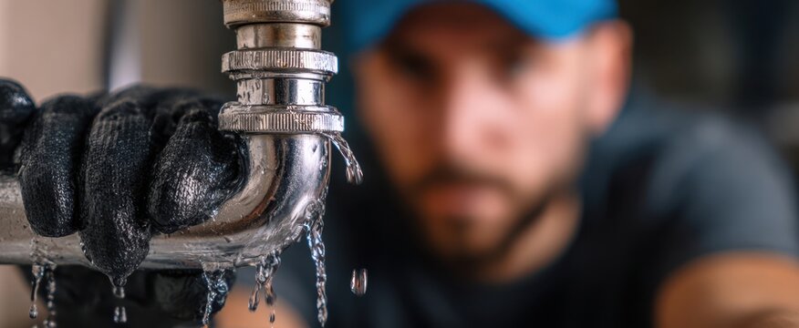 The Leaking Chrome Pipe Under a Kitchen Sink Being Repaired by a Plumber - Powered by Adobe
