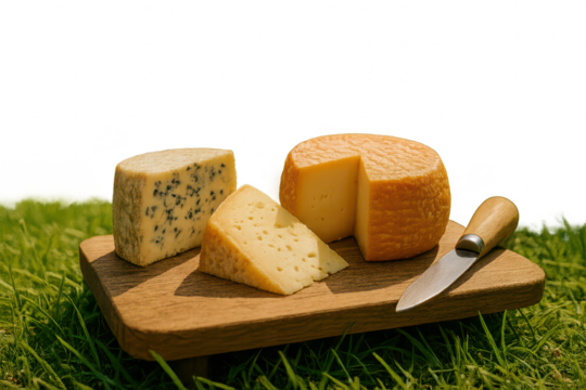 Assortment of gourmet cheeses on a rustic wooden board, isolated on transparent background - Powered by Adobe