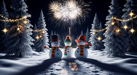 Festive Snowmen Celebrate Winter Night with Fireworks