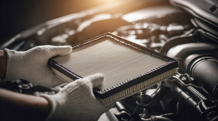 Person wearing protective gloves installing or replacing an automotive air filter in the engine compartment during vehicle maintenance and service repair