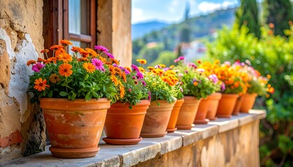 Vibrant flowers in terracotta pots line a weathered window ledge, with a scenic backdrop of hills and greenery