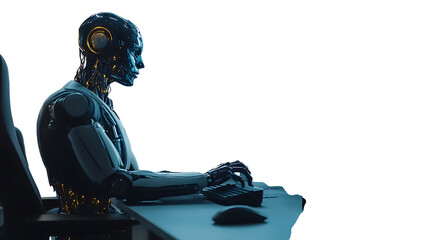 Humanoid robot with metallic body typing on a keyboard in a dark room android isolated on a transparent background