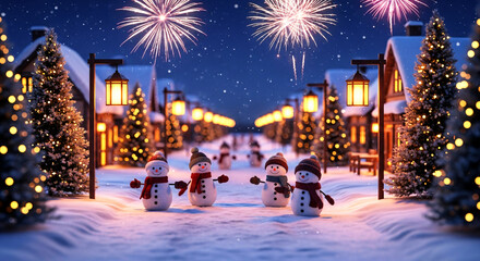 Festive Winter Village Night with Snowmen and Fireworks