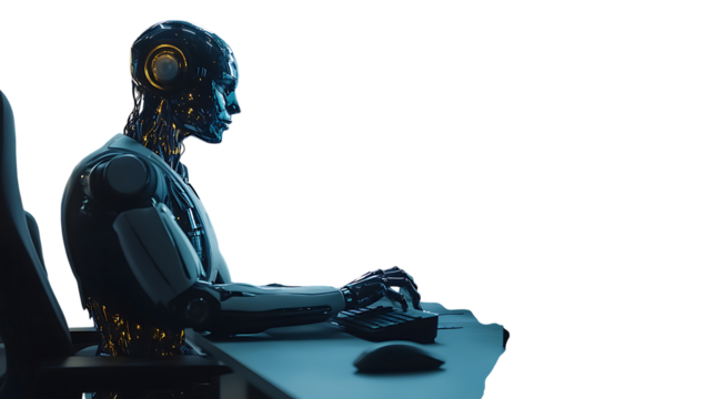Humanoid robot with metallic body typing on a keyboard in a dark room android isolated on a transparent background