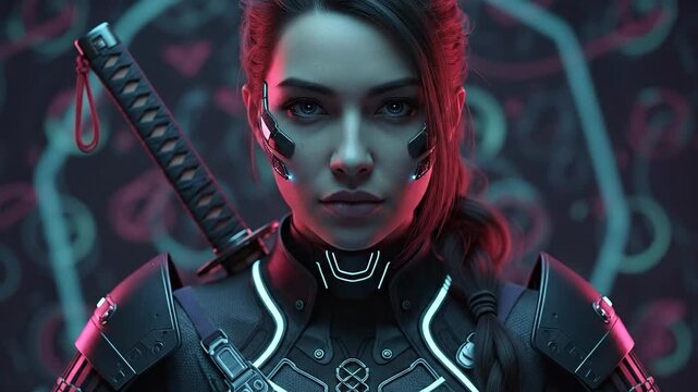 Cyberpunk Warrior Woman with Katana Futuristic Neon Glow.