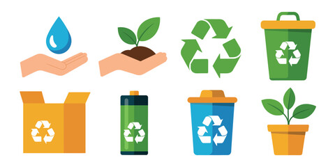 Collection of recycling symbols including water drop plant trash and cardboard