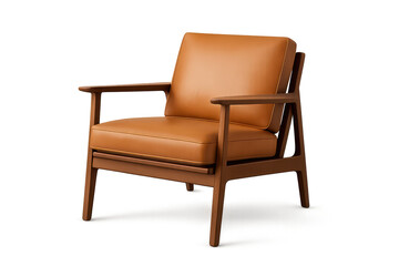Fototapeta premium Modern caramel leather and wood armchair isolated on transparent background.