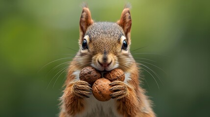 close-up of a cute but realistic squirrel holding a bunch of nuts in its mouth
