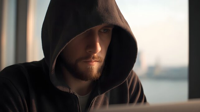 A man in a dark hooded sweatshirt concentrates intently on a laptop screen bathed in soft natural light near a window with an urban cityscape in the